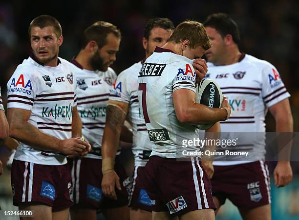 The Sea Eagles look on during the NRL Preliminary Final match between the Melbourne Storm and the Manly Sea Eagles at AAMI Park on September 21, 2012...