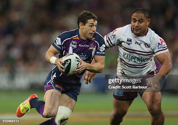 Billy Slater of the Storm runs with the ball during the NRL Preliminary Final match between the Melbourne Storm and the Manly Sea Eagles at AAMI Park...