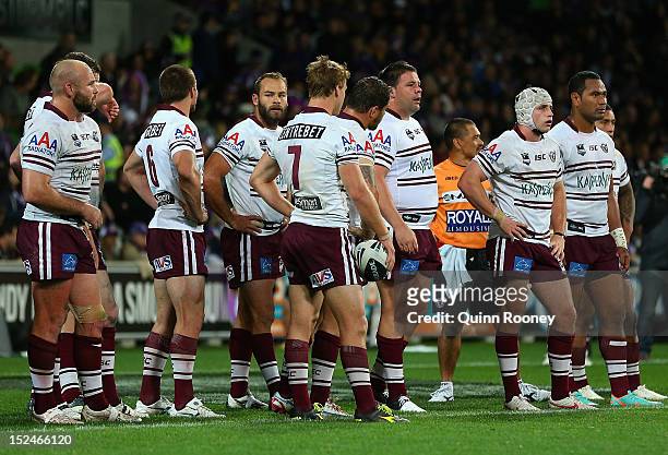 The Sea Eagles look on during the NRL Preliminary Final match between the Melbourne Storm and the Manly Sea Eagles at AAMI Park on September 21, 2012...