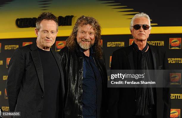 John Paul Jones, Robert Plant and Jimmy Page of Led Zeppelin attend a press conference to announce Led Zeppelin's new live DVD Celebration Day at 8...