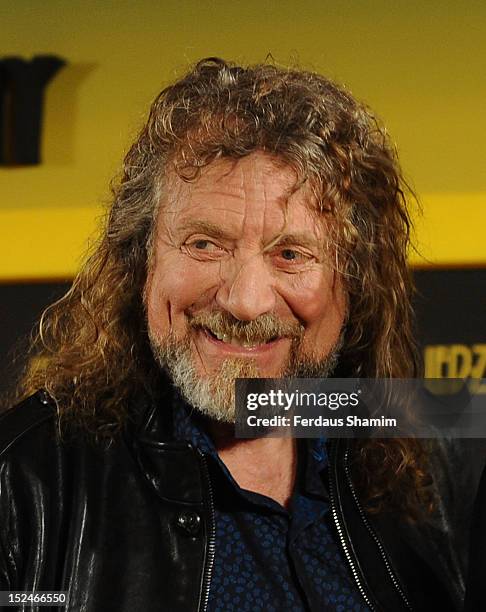 Robert Plant of Led Zeppelin attends a press conference to announce Led Zeppelin's new live DVD Celebration Day at 8 Northumberland Aveenue on...