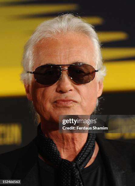 Jimmy Page of Led Zeppelin attends a press conference to announce Led Zeppelin's new live DVD Celebration Day at 8 Northumberland Aveenue on...