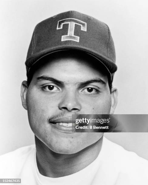 Ivan Rodriguez of the Texas Rangers poses for a portrait in March, 1992 at Pompano Beach Municipal Stadium in Pompano Beach, Florida.