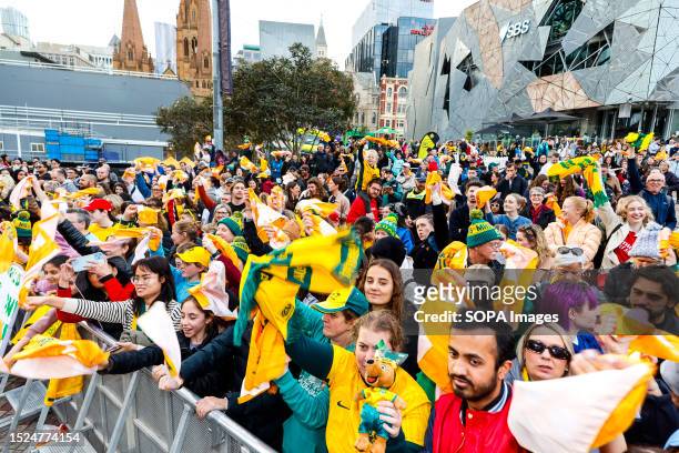 Australian fans seen during the Matildas FIFA Women's World Cup Squad Presentation at Federation Square.