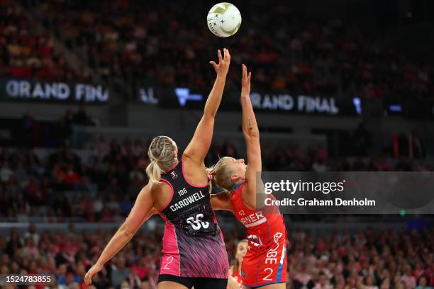 Maddy Turner of the Swifts competes for the ball against Eleanor Cardwell of the Thunderbirds during the 2023 Super Netball Grand Final match between...