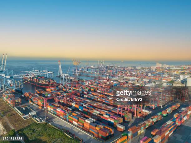 aerial view of container port in istanbul. - bosporus shipping trade stockfoto's en -beelden