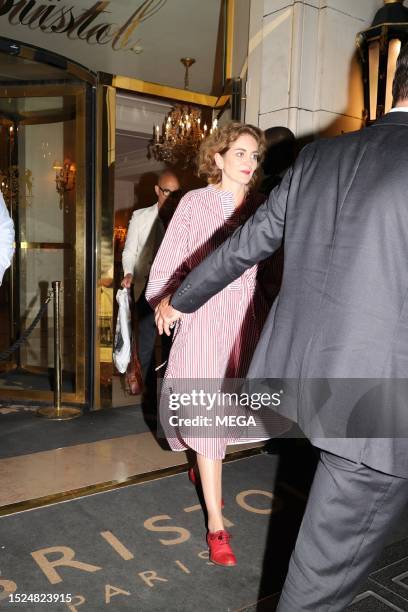 Felicity Blunt and Stanley Tucci are seen leaving their hotel July 10, 2023 in Paris, France.