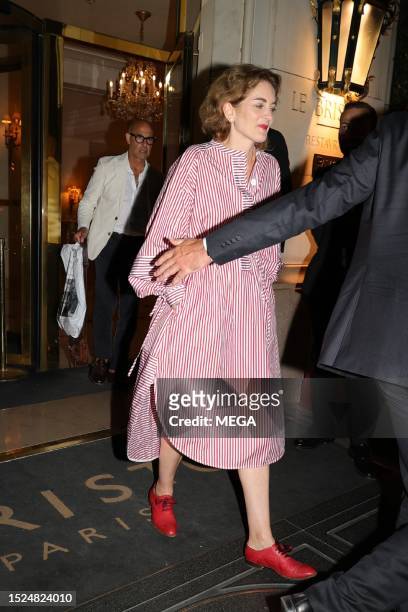 Felicity Blunt and Stanley Tucci are seen leaving their hotel July 10, 2023 in Paris, France.