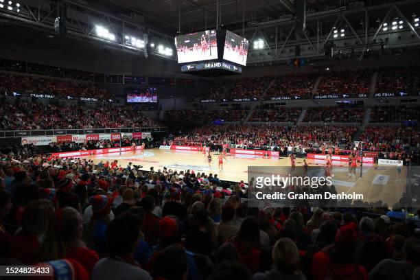 General view during the 2023 Super Netball Grand Final match between Adelaide Thunderbirds and NSW Swifts at John Cain Arena on July 08, 2023 in...