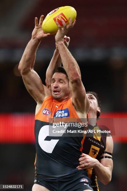 Jesse Hogan of the Giants contests the ball during the round 17 AFL match between Greater Western Sydney Giants and Hawthorn Hawks at GIANTS Stadium,...