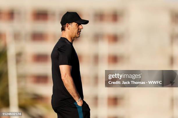 Julen Lopetegui, Manager of Wolverhampton Wanderers looks on during a Wolverhampton Wanderers pre-season training session on July 05, 2023 in Lagos,...