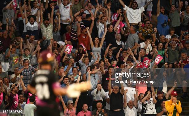 Spectators react in the crowd during the Vitality Blast T20 Quarter-Final match between Somerset and Notts Outlaws at The Cooper Associates County...