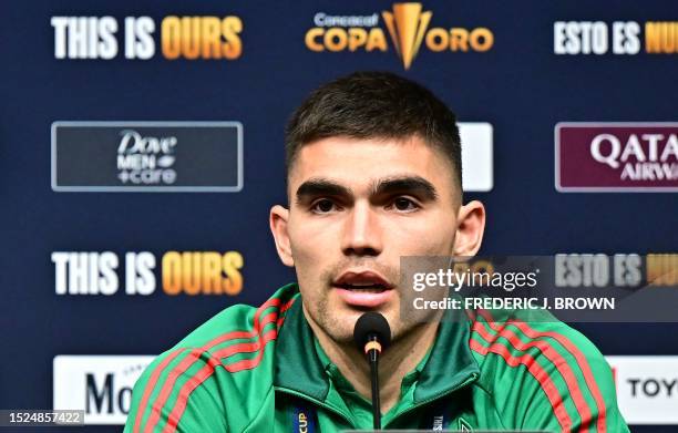 Mexico's defender Johan Vasquez speaks during a press conference at Allegiant Stadium in Las Vegas, Nevada, on July 11 ahead of the July 12 CONCACAF...
