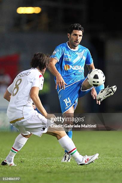 Francesco Pratali of Empoli FC battles for the ball with Davide Carcuri of Ternana Calcio during the Serie B match between Empoli FC and Ternana...