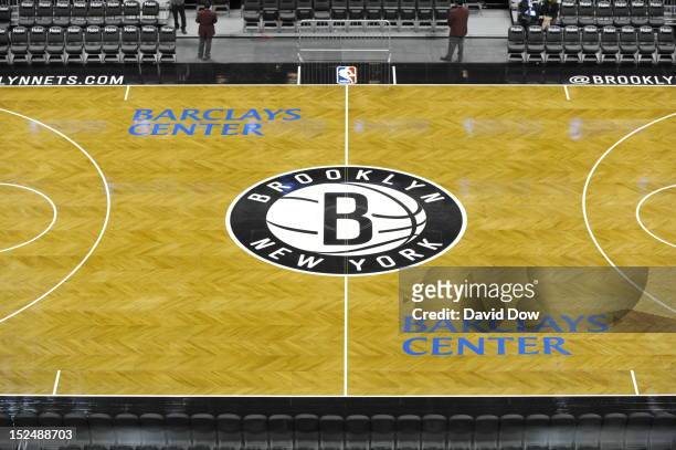 September 21: A general view of the Brooklyn Nets court and logo during the Barclays Center ribbon cutting ceremony on September 21, 2012 at the...