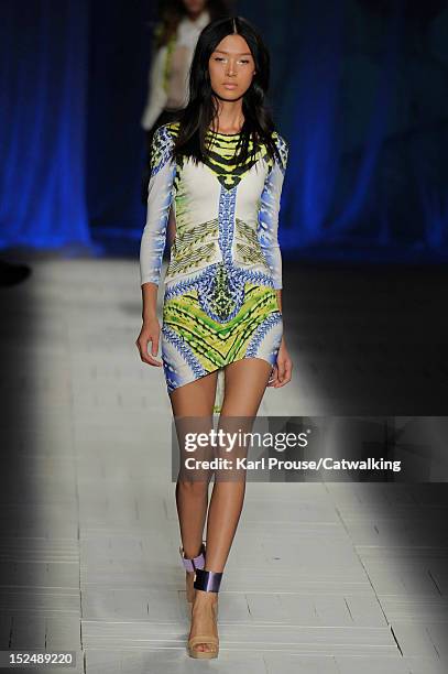 Model walks the runway at the Just Cavalli Spring Summer 2013 fashion show during Milan Fashion Week on September 21, 2012 in Milan, Italy.