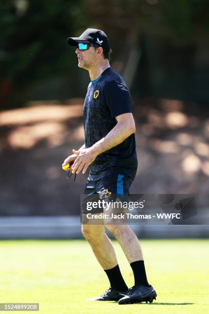 Julen Lopetegui, Manager of Wolverhampton Wanderers gives his team instructions during a Wolverhampton Wanderers pre-season training session on July...