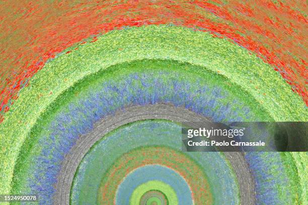 rainbow shaped of multicolored striped fields - castelluccio stock pictures, royalty-free photos & images