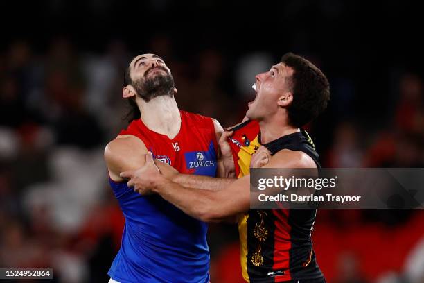 Brodie Grundy of the Demons competes with Rowan Marshall of the Saints during the round 17 AFL match between St Kilda Saints and Melbourne Demons at...