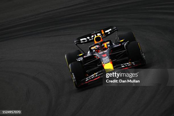 Max Verstappen of the Netherlands driving the Oracle Red Bull Racing RB19 on track during final practice ahead of the F1 Grand Prix of Great Britain...