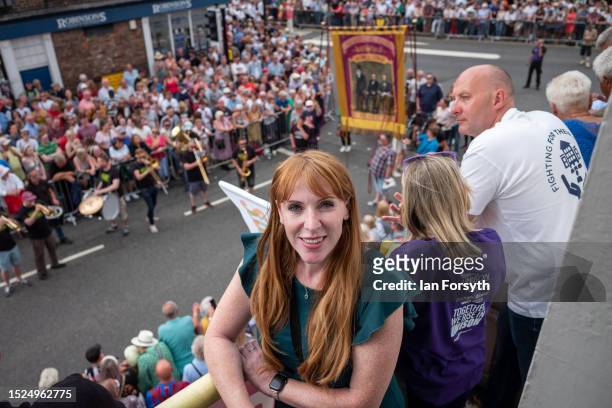 Angela Rayner, Deputy Leader of the Labour Party stands on the balcony of the County Hotel as she attends the 137th Durham Miners Gala on July 08,...