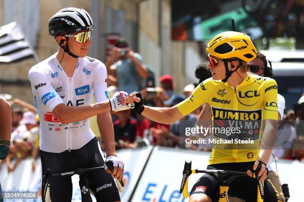 Tadej Pogacar of Slovenia and UAE Team Emirates - White Best Young Rider Jersey and Jonas Vingegaard of Denmark and Team Jumbo-Visma - Yellow Leader...