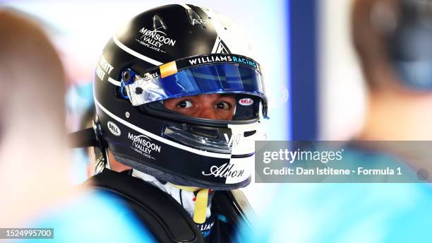 Alexander Albon of Thailand and Williams prepares to drive in the garage during final practice ahead of the F1 Grand Prix of Great Britain at...