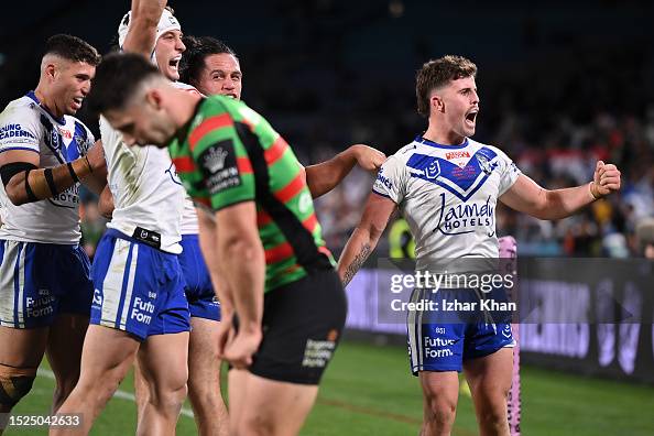 Bulldog Ritchie Rugby Bulldogs team players celebrates after scoring a try during the round ...