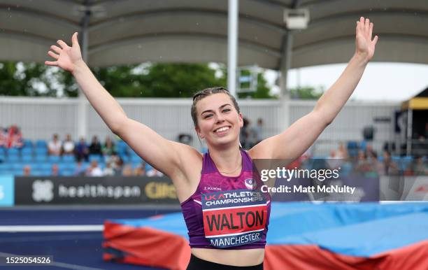 Bekah Walton of Loughborough celebrates after winning the Women's Javelin Throw Final during Day One of the UK Athletics Championships at Manchester...