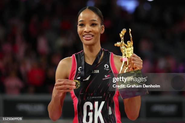 Shamera Sterling of the Thunderbirds celebrates victory with the trophy during the 2023 Super Netball Grand Final match between Adelaide Thunderbirds...