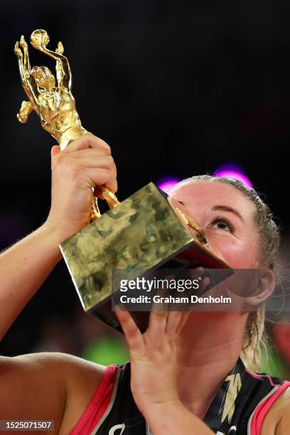Eleanor Cardwell of the Thunderbirds celebrates victory with the trophy during the 2023 Super Netball Grand Final match between Adelaide Thunderbirds...