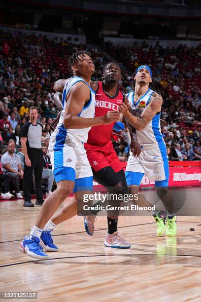 Keyonte Johnson of the Oklahoma City Thunder boxes out during the 2023 NBA Las Vegas Summer League against the Houston Rockets on July 11, 2023 at...