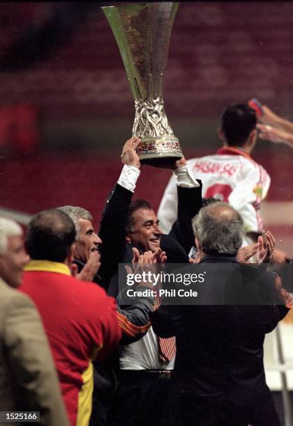 Galatasaray coach Fatih Terim celebrates after the UEFA Cup final against Arsenal at the Parken Stadium in Copenhagen, Denmark. The match finished...