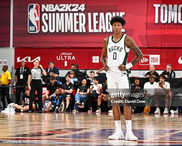 MarJon Beauchamp of Milwuakee Bucks looks on during the 2023 NBA Las Vegas Summer League on July 11, 2023 at the The Cox Pavillion in Las Vegas,...