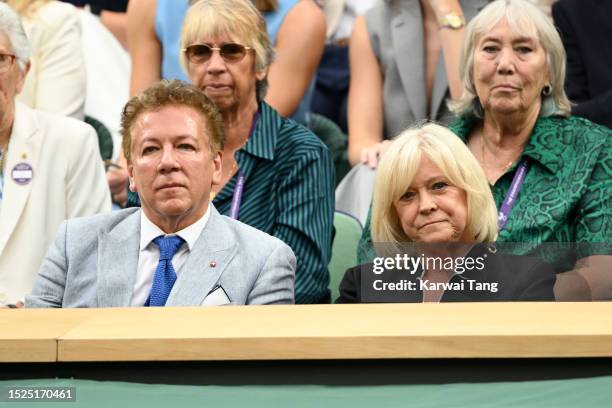 Ross King and Sue Barker attend day six of the Wimbledon Tennis Championships at the All England Lawn Tennis and Croquet Club on July 08, 2023 in...