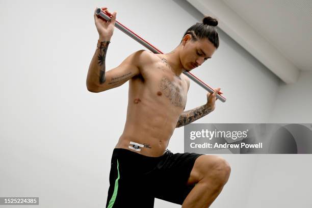 Darwin Nunez of Liverpool during the first day back for pre-season at AXA Training Centre on July 08, 2023 in Kirkby, England.