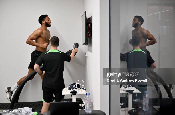 Joe Gomez of Liverpool during the first day back for pre-season at AXA Training Centre on July 08, 2023 in Kirkby, England.
