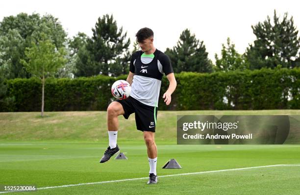 Calvin Ramsay of Liverpool during the first day back for pre-season at AXA Training Centre on July 08, 2023 in Kirkby, England.