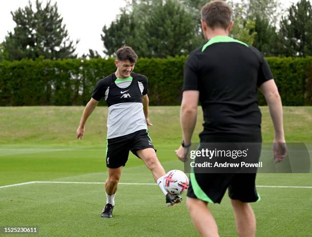 Calvin Ramsay of Liverpool during the first day back for pre-season at AXA Training Centre on July 08, 2023 in Kirkby, England.