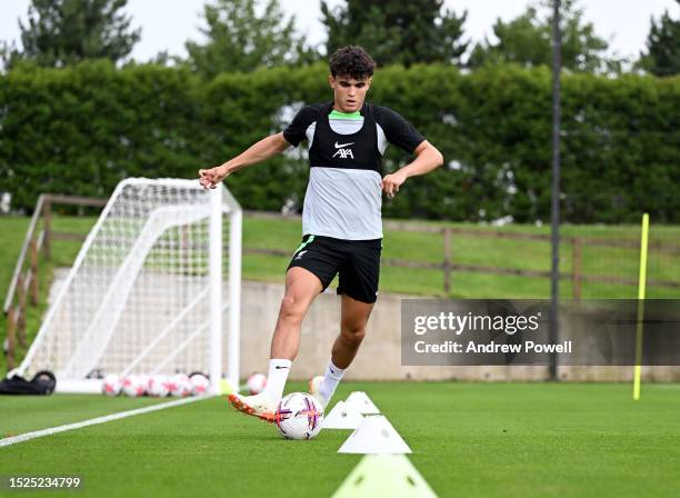 Stefan Bajcetic of Liverpool during the first day back for pre-season at AXA Training Centre on July 08, 2023 in Kirkby, England.