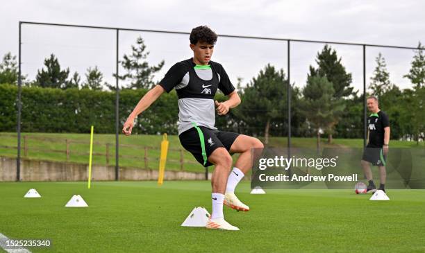 Stefan Bajcetic of Liverpool during the first day back for pre-season at AXA Training Centre on July 08, 2023 in Kirkby, England.