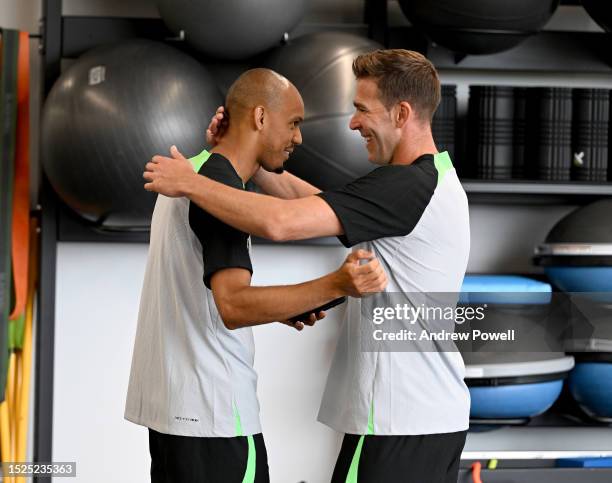 Fabinho with Adrian of Liverpool during the first day back for pre-season at AXA Training Centre on July 08, 2023 in Kirkby, England.