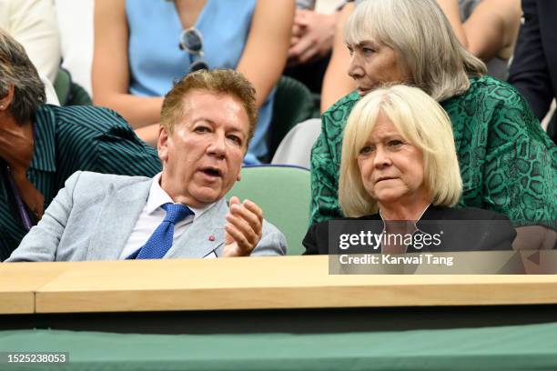 Ross King and Sue Barker attend day six of the Wimbledon Tennis Championships at the All England Lawn Tennis and Croquet Club on July 08, 2023 in...