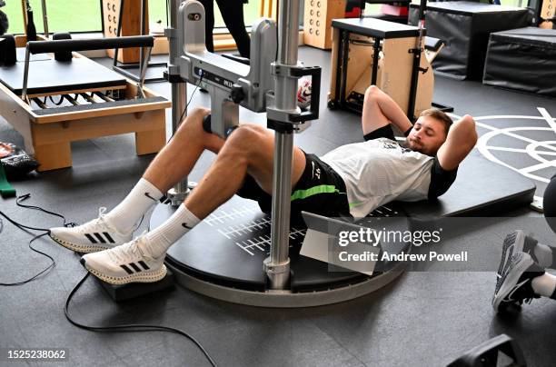 Nathaniel Phillips of Liverpool during the first day back for pre-season at AXA Training Centre on July 08, 2023 in Kirkby, England.