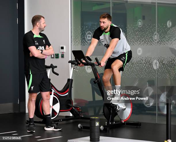 Nathaniel Phillips of Liverpool during the first day back for pre-season at AXA Training Centre on July 08, 2023 in Kirkby, England.