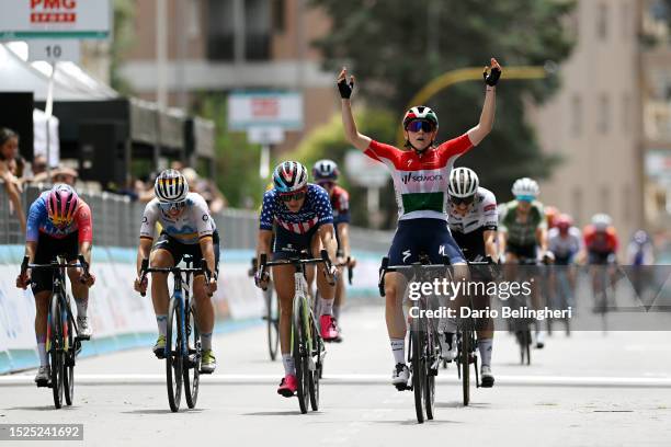 Blanka Vas of Hungary and Team SD Worx celebrates at finish line as stage winner ahead of Silvia Persico of Italy and UAE Team ADQ, Liane Lippert of...