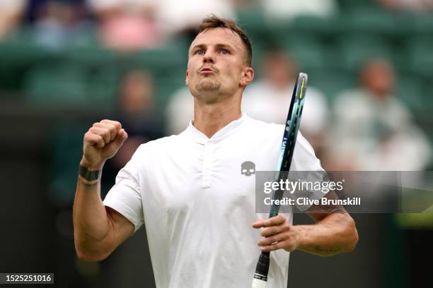 Marton Fucsovics of Hungary celebrates against Daniil Medvedev in the Men's Singles third round match during day six of The Championships Wimbledon...