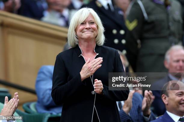 Former professional tennis player and TV presenter Sue Barker reacts in the Royal Box prior to the Men's Singles third round match between Carlos...