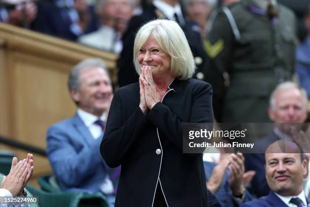 Former professional tennis player and TV presenter Sue Barker reacts in the Royal Box prior to the Men's Singles third round match between Carlos...