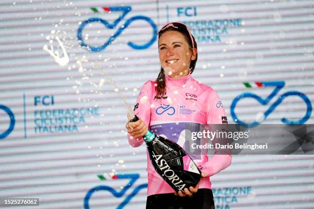 Annemiek Van Vleuten of The Netherlands and Movistar Team - Pink Leader Jersey celebrates at podium during the 34th Giro d'Italia Donne 2023, Stage 8...